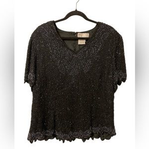 Papell Boutique Evening 100% Silk Beaded Formal Top Black